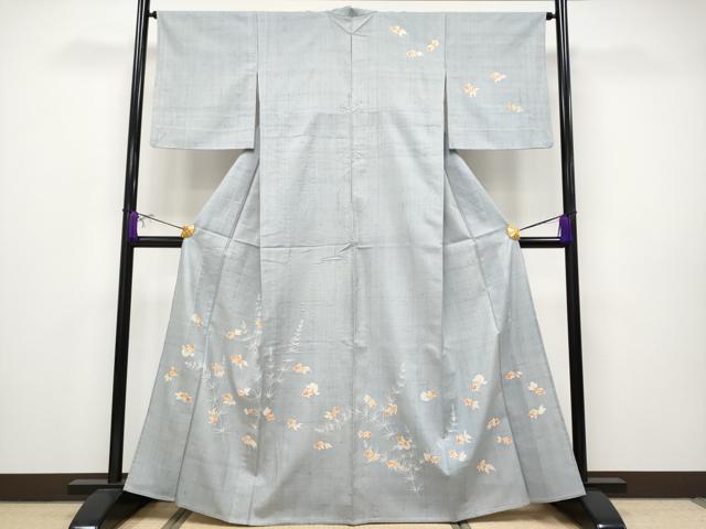 平和屋本店▽極上 ろうけつ染め作家 丸山扇丘 訪問着 単衣 紬地 金魚 灰青色地 逸品 CYAA2484s5