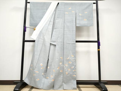 平和屋本店▽極上 ろうけつ染め作家 丸山扇丘 訪問着 単衣 紬地 金魚 灰青色地 逸品 CYAA2484s5