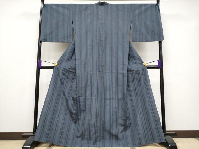 平和屋本店▽極上 博多織人 黒木織物 お召 単衣 間道 博多金ラベル 藍鉄色地 証紙付き 逸品 CYAA2489s5