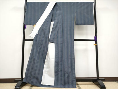 平和屋本店▽極上 博多織人 黒木織物 お召 単衣 間道 博多金ラベル 藍鉄色地 証紙付き 逸品 CYAA2489s5