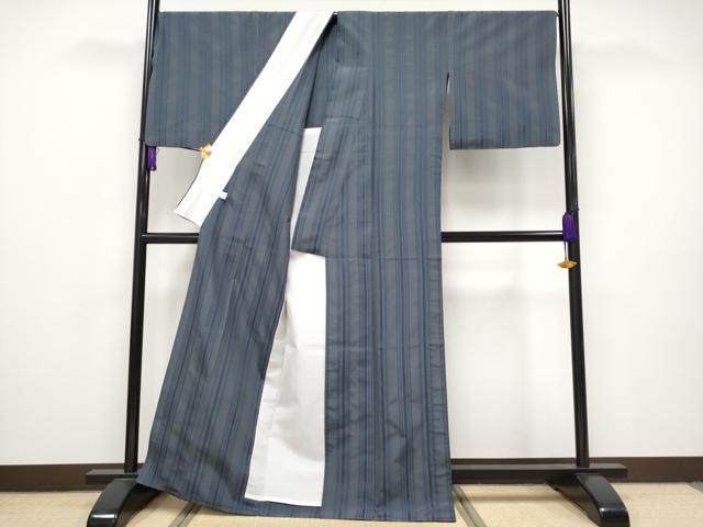 平和屋本店▽極上 博多織人 黒木織物 お召 単衣 間道 博多金ラベル 藍鉄色地 証紙付き 逸品 CYAA2489s5