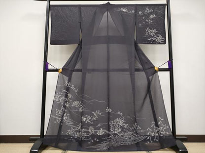平和屋本店■極上　夏物　訪問着　変わり絽　駒刺繍　鳥獣戯画　銀彩　黒紅色地　逸品　CYAA2518s5