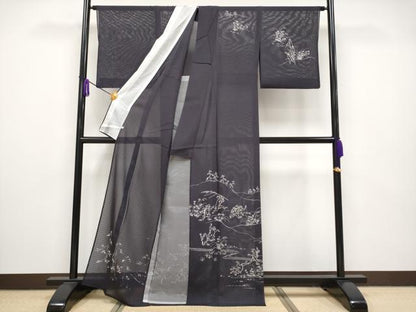 平和屋本店■極上　夏物　訪問着　変わり絽　駒刺繍　鳥獣戯画　銀彩　黒紅色地　逸品　CYAA2518s5
