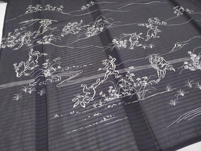 平和屋本店■極上　夏物　訪問着　変わり絽　駒刺繍　鳥獣戯画　銀彩　黒紅色地　逸品　CYAA2518s5