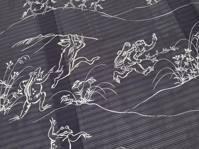 平和屋本店■極上　夏物　訪問着　変わり絽　駒刺繍　鳥獣戯画　銀彩　黒紅色地　逸品　CYAA2518s5