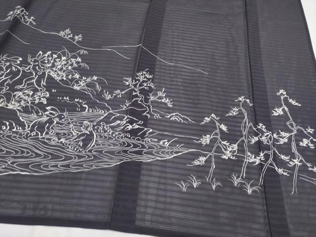 平和屋本店■極上　夏物　訪問着　変わり絽　駒刺繍　鳥獣戯画　銀彩　黒紅色地　逸品　CYAA2518s5