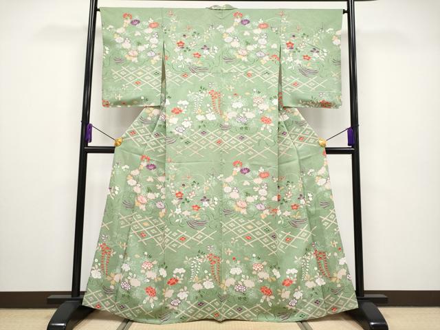平和屋本店■極上　摺型友禅　京都　多ち花 　小紋　単衣　菱に花束　柳染色地　逸品　未使用　CYAA2524s5