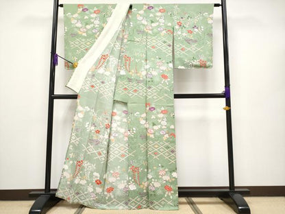 平和屋本店■極上　摺型友禅　京都　多ち花 　小紋　単衣　菱に花束　柳染色地　逸品　未使用　CYAA2524s5
