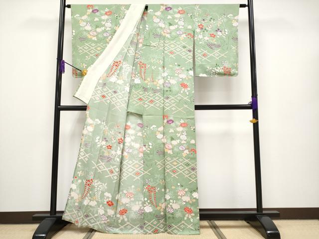 平和屋本店■極上　摺型友禅　京都　多ち花 　小紋　単衣　菱に花束　柳染色地　逸品　未使用　CYAA2524s5