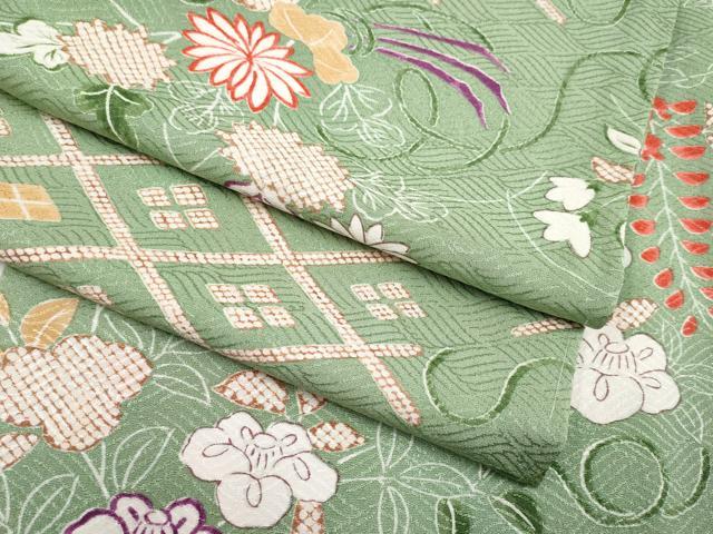 平和屋本店■極上　摺型友禅　京都　多ち花 　小紋　単衣　菱に花束　柳染色地　逸品　未使用　CYAA2524s5
