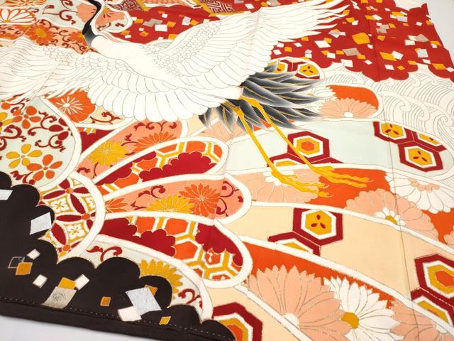 平和屋本店■極上　アンティーク　大正ロマン　振袖　駒刺繍　相良刺繍　飛鶴吉祥花文　金銀彩　逸品　CYAA2526s5