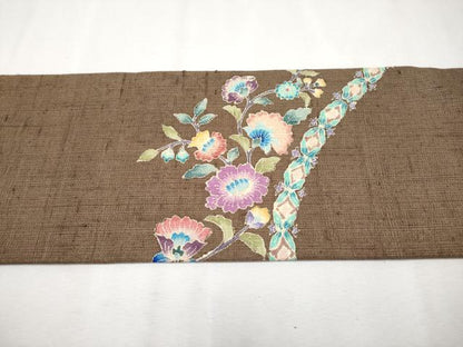 平和屋本店●極上　岡重謹製　OKAJIMA　九寸名古屋帯　紬地　花唐草文　黄枯茶色　反端付き　逸品　CYAA2550s5