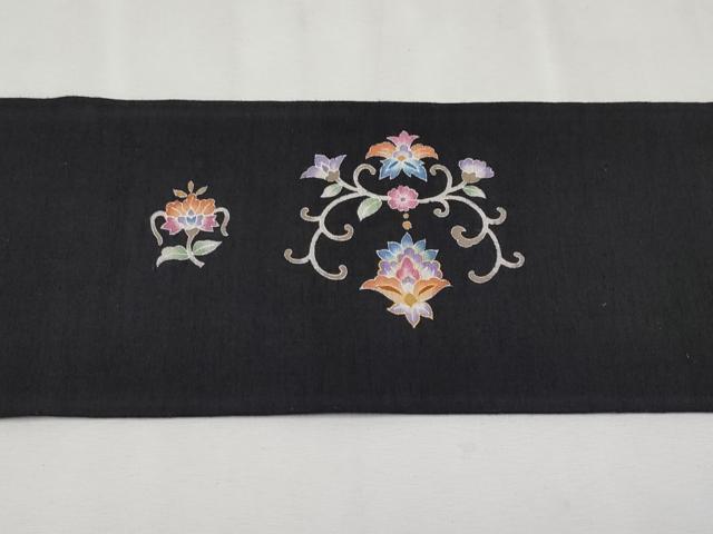 平和屋本店●極上　岡重謹製　OKAJIMA　九寸名古屋帯　紬地　花唐草文　黒地　金彩　逸品　未使用　CYAA2556s5