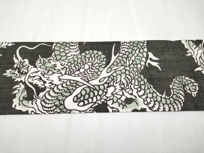 平和屋本店■極上　夏物　和染紅型　栗山紅型　栗山吉三郎　九寸名古屋帯　本大麻帯　龍　千歳緑色地　反端付き　逸品　未使用　CYAA2559s5