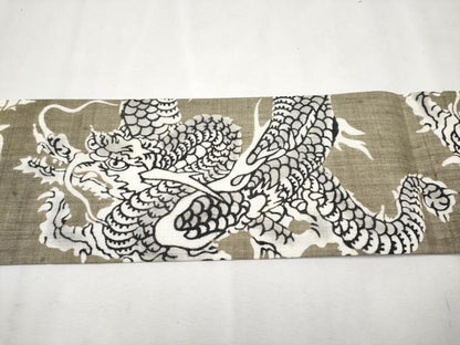 平和屋本店■極上　夏物　和染紅型　栗山紅型　栗山吉三郎　九寸名古屋帯　本大麻帯　龍　肥後煤竹色　反端付き　逸品　未使用　CYAA2560s5