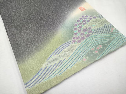 平和屋本店●極上 十日町 名門 滝泰謹製 太鼓柄袋帯 相良刺繍 おぼろ染 襲絞り 遠山枝花文 銀通し地 逸品 CYAA2563s5