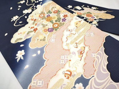 平和屋本店＊極上 夏物 九寸名古屋帯 絽縮緬 駒刺繍 雲取り宝尽くし草花文 金彩 濃紺地 逸品 未使用 CYAA2580s5
