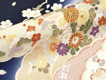 平和屋本店＊極上 夏物 九寸名古屋帯 絽縮緬 駒刺繍 雲取り宝尽くし草花文 金彩 濃紺地 逸品 未使用 CYAA2580s5