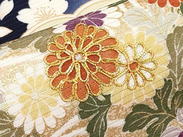 平和屋本店＊極上 夏物 九寸名古屋帯 絽縮緬 駒刺繍 雲取り宝尽くし草花文 金彩 濃紺地 逸品 未使用 CYAA2580s5