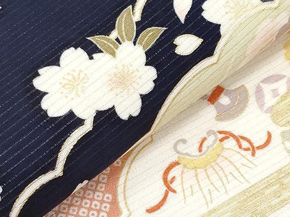 平和屋本店＊極上 夏物 九寸名古屋帯 絽縮緬 駒刺繍 雲取り宝尽くし草花文 金彩 濃紺地 逸品 未使用 CYAA2580s5