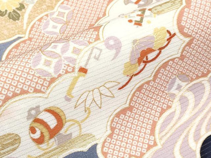 平和屋本店＊極上 夏物 九寸名古屋帯 絽縮緬 駒刺繍 雲取り宝尽くし草花文 金彩 濃紺地 逸品 未使用 CYAA2580s5