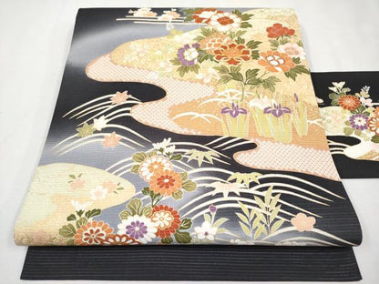 平和屋本店＊極上 夏物 九寸名古屋帯 絽縮緬 駒刺繍 霞草花文 黒地 金彩 逸品 未使用 CYAA2582s5