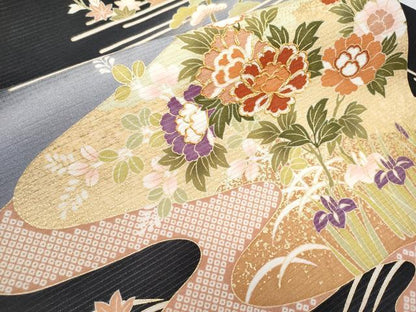 平和屋本店＊極上 夏物 九寸名古屋帯 絽縮緬 駒刺繍 霞草花文 黒地 金彩 逸品 未使用 CYAA2582s5