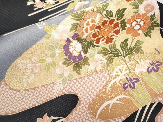 平和屋本店＊極上 夏物 九寸名古屋帯 絽縮緬 駒刺繍 霞草花文 黒地 金彩 逸品 未使用 CYAA2582s5