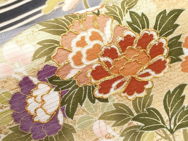 平和屋本店＊極上 夏物 九寸名古屋帯 絽縮緬 駒刺繍 霞草花文 黒地 金彩 逸品 未使用 CYAA2582s5