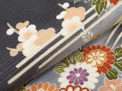 平和屋本店＊極上 夏物 九寸名古屋帯 絽縮緬 駒刺繍 霞草花文 黒地 金彩 逸品 未使用 CYAA2582s5