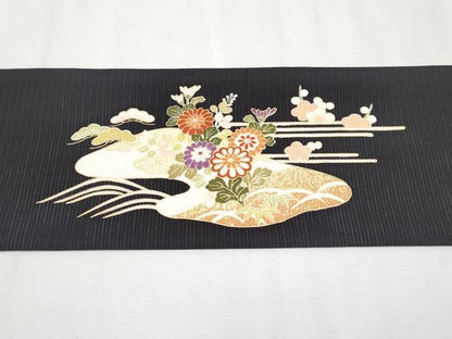 平和屋本店＊極上 夏物 九寸名古屋帯 絽縮緬 駒刺繍 霞草花文 黒地 金彩 逸品 未使用 CYAA2582s5