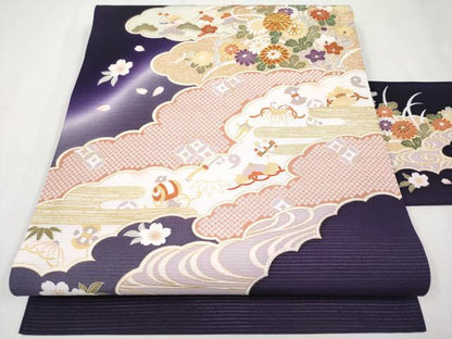 平和屋本店＊極上　夏物　九寸名古屋帯　絽縮緬　駒刺繍　雲取り宝尽くし草花文　金彩　深紫色地　逸品　未使用　CYAA2583s5