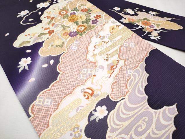 平和屋本店＊極上　夏物　九寸名古屋帯　絽縮緬　駒刺繍　雲取り宝尽くし草花文　金彩　深紫色地　逸品　未使用　CYAA2583s5