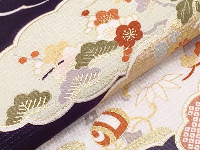 平和屋本店＊極上　夏物　九寸名古屋帯　絽縮緬　駒刺繍　雲取り宝尽くし草花文　金彩　深紫色地　逸品　未使用　CYAA2583s5