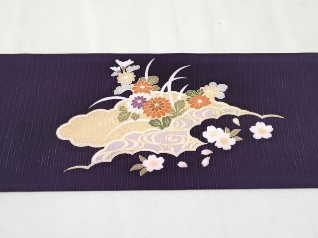 平和屋本店＊極上　夏物　九寸名古屋帯　絽縮緬　駒刺繍　雲取り宝尽くし草花文　金彩　深紫色地　逸品　未使用　CYAA2583s5