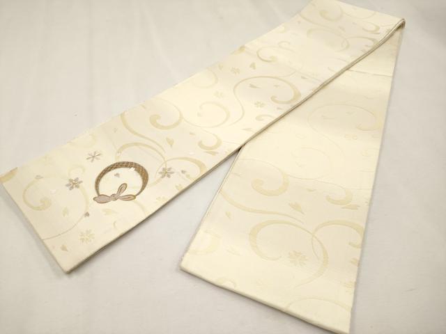 平和屋本店●極上 京都西陣・想屋謹製 両面 半幅帯 ワンポイント 刺繍 兎 花唐草文 金銀糸 逸品 CYAA2590s5