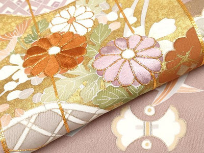 平和屋本店■極上　創業460年・千總　色留袖　駒刺繍　貝桶桧扇吉祥文　金彩　薄柿色地　小田急百貨店扱い　逸品　CYAA2627s5