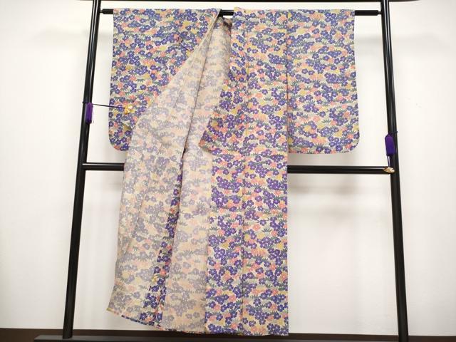 平和屋着物▽極上　小紋　単衣　紬地　花尽し　浅黄色地　逸品　CYAA2650s5