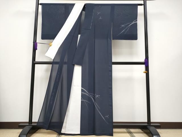平和屋着物＊極上 夏物 本場縞大島紬 訪問着 紗 トンボ 薩摩染織謹製 濃紺地 証紙付き 逸品 未使用 CYAA2655s5