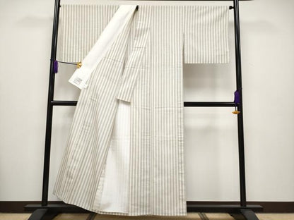 平和屋着物▽極上 紬 単衣 間道 練色地 逸品 未使用 CYAA2660s5