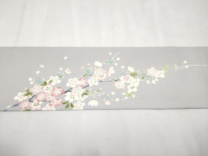 平和屋着物■極上　日本工芸会正会員　生駒暉夫　塩瀬　九寸名古屋帯　鴛鴦枝桜文　牡丹鼠色地　逸品　未使用　CYAA2693s5
