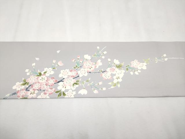 平和屋着物■極上　日本工芸会正会員　生駒暉夫　塩瀬　九寸名古屋帯　鴛鴦枝桜文　牡丹鼠色地　逸品　未使用　CYAA2693s5