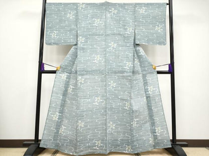 平和屋着物■極上　夏物　本場小千谷ちぢみ　舞葉文　麻　湊鼠色地　逸品　CYAA2712s5