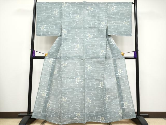 平和屋着物■極上　夏物　本場小千谷ちぢみ　舞葉文　麻　湊鼠色地　逸品　CYAA2712s5