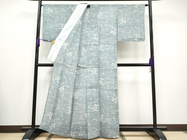 平和屋着物■極上　夏物　本場小千谷ちぢみ　舞葉文　麻　湊鼠色地　逸品　CYAA2712s5