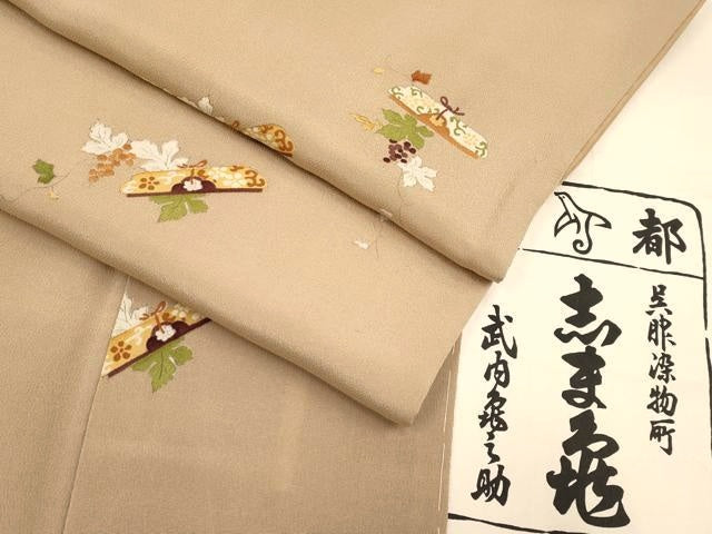 平和屋本店■極上　銀座　志ま亀　小紋　葡萄蔦の葉文　白茶色地　たとう紙付き　逸品　CYAA2728s5