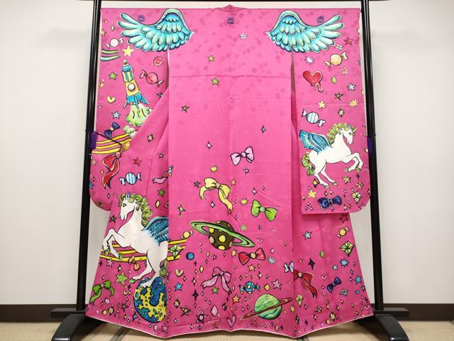 平和屋本店■希少　きゃりーぱみゅぱみゅ　振袖　刺繍　ユニコーン　宇宙　金彩　洒落紋　躑躅色地　逸品　CYAA2731s5