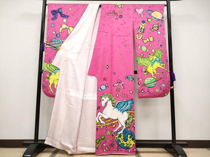 平和屋本店■希少　きゃりーぱみゅぱみゅ　振袖　刺繍　ユニコーン　宇宙　金彩　洒落紋　躑躅色地　逸品　CYAA2731s5
