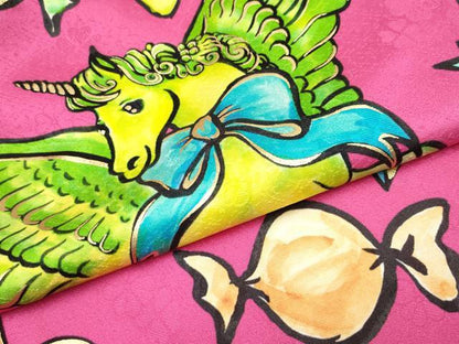 平和屋本店■希少　きゃりーぱみゅぱみゅ　振袖　刺繍　ユニコーン　宇宙　金彩　洒落紋　躑躅色地　逸品　CYAA2731s5