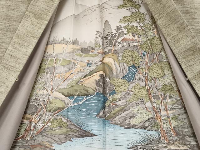 平和屋着物●極上 男性 紬 アンサンブル キングサイズ 色無地 利休色 逸品 未使用 CYAA2767s5